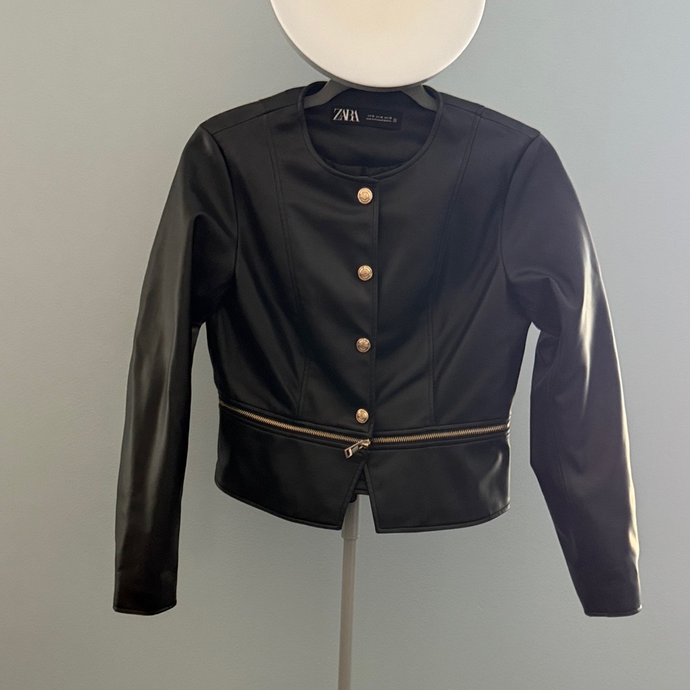 NEW Zara Black Faux Leather Jacket with Gold Accents